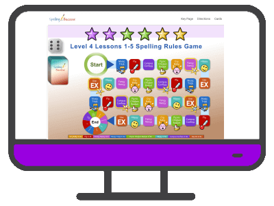an illustrated computer with the Online Level 4 Spelling Rules Board Game - Lessons 1-5 on the screen and a purple control panel below the screen.