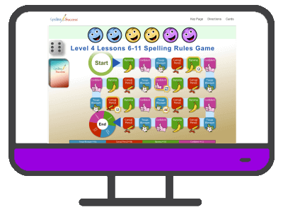 an illustrated computer with the Online Level 4 Spelling Rules Board Game- Lessons 6-11 on the screen and a purple control panel below the screen