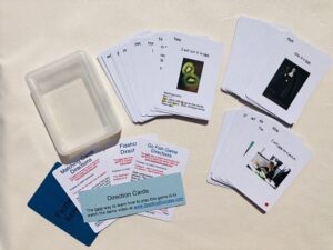 White cards with pictures on them.