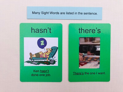 Level 3 Contraction Bingo green cards showing words in sentences