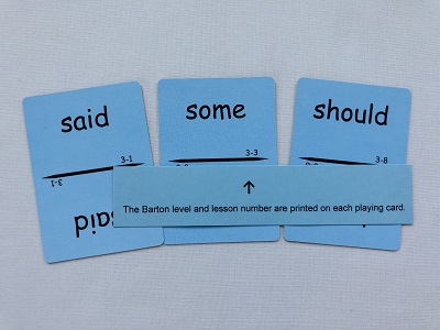 Level 3 sight word slap it game blue cards showing which level and lesson in the barton system these words are from