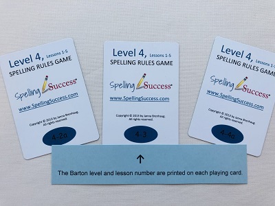 Level 4 Lessons 1-5 Spelling Rules game white cards showing which Barton level and lesson the cards are for