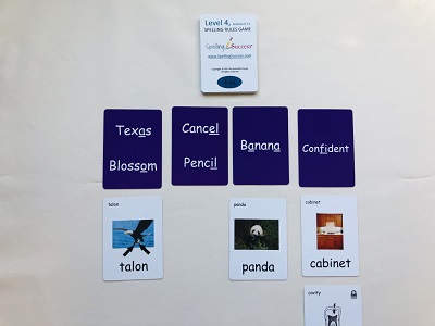 Level 4 Lessons 6-11 Spelling Rules Game blue cards showing how to play the game