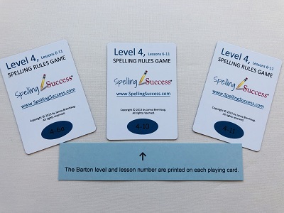Level 4 Lessons 6-11 Spelling Rules Game cards showing barton system level and lessons