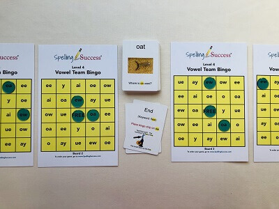Level 4 Vowel Team Bingo game boards and educational cards