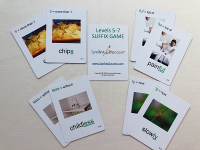 Levels 5-7 Suffix game cards white cards with examples of words