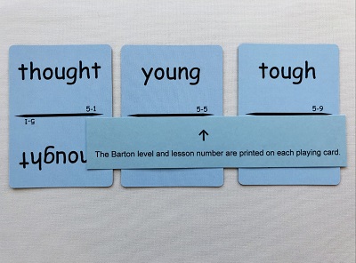 Level 5 sight word slap it game blue educational cards with arrow pointing to barton level and lesson on each card