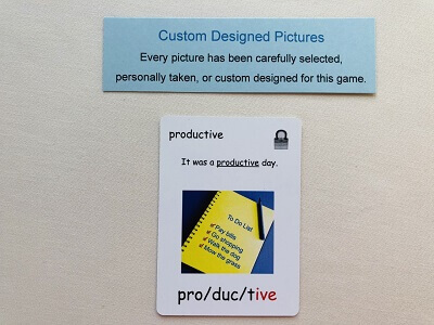 Level 6 Spelling Rules Lessons 3 &4 Game white educational card with word productive on it with a custom selected image for each game
