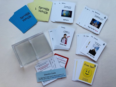 Blue and yellow cards with pictures of sight words on them and white cards with pictures of objects on them.