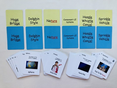 Level 6 Lessons 5-13 Spelling Rules Game with yellow and blue cards with piles of white educational cards below