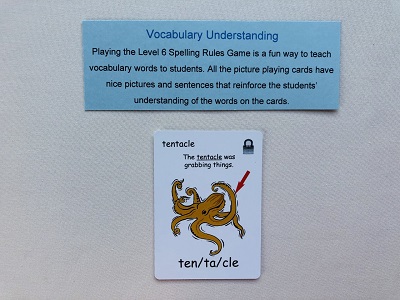 Level 6 Lessons 5-13 Spelling Rules Game with blue paper explaining vocabulary understanding