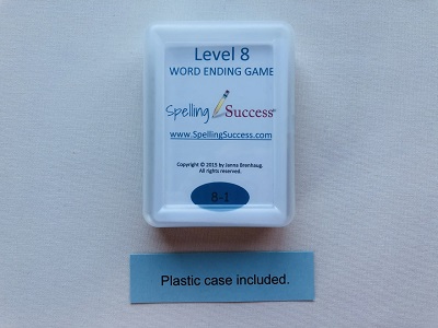 Level 8 Word Ending Game in plastic case with educational cards in the plastic case