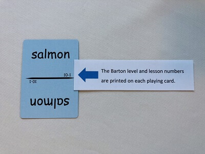 word Salmon on blue sight word card with Barton system level and lesson numbers