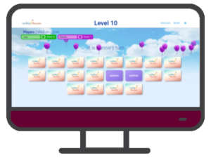 an illustrated computer with the Online Sight Word Matching Game on the screen and a purple control panel below the screen