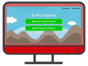 in illustrated computer with the Online Suffix game on the screen and a red control panel below screen