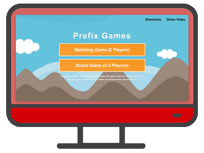 an illustrated computer with the Online Prefix Game on the screen and a red control panel below screen