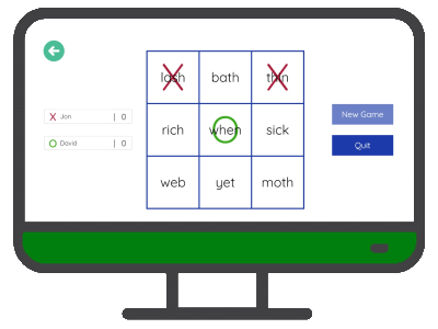 an illustrated computer with the Online Level 2 Tic Tac Toe Game on the screen and a green control panel below the screen