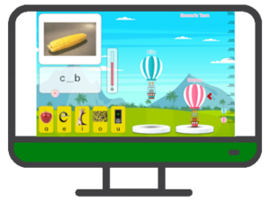 an illustrated computer with the Online Level 2 Name that short vowel game on the screen and a white control panel below the screen.